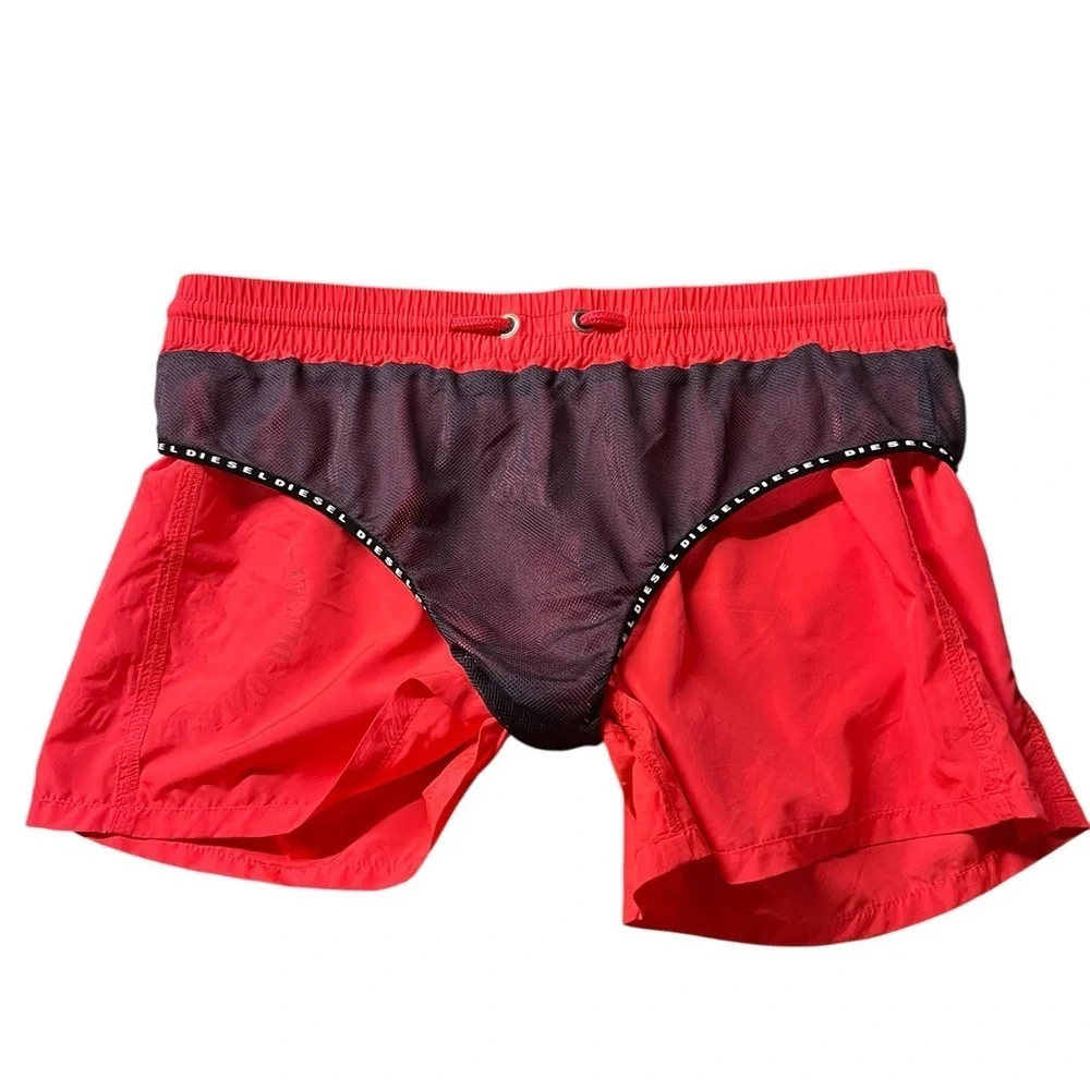 Diesel Bright Red Lined Swim Trunks With Mohican Head Size XL